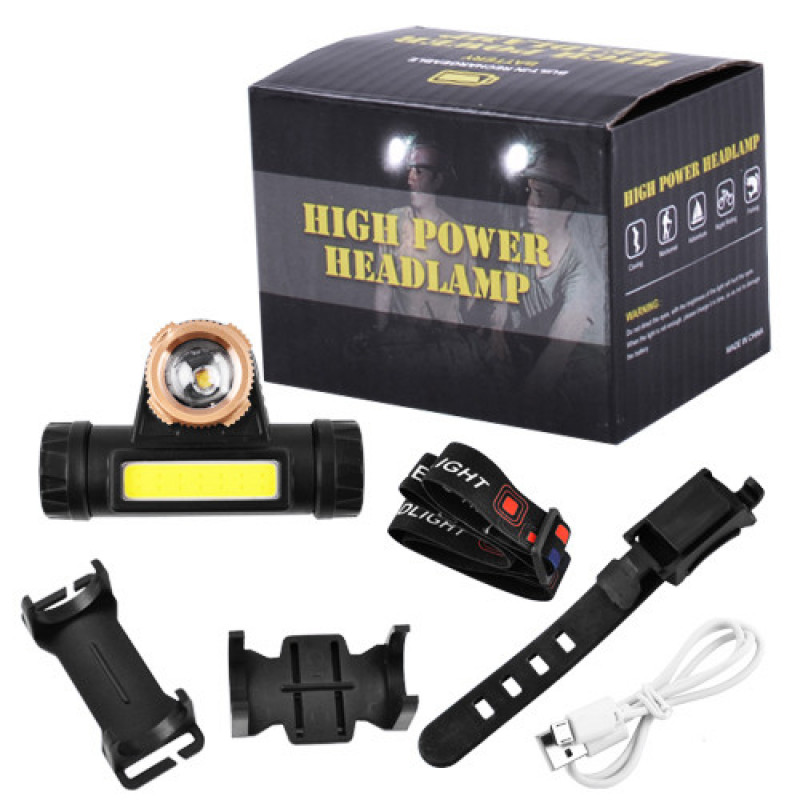 Налобний фонар 874-XPE+COB, зум, акумулятор, micro USB