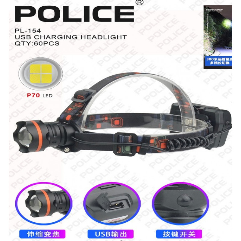 Налобний ліхтар Police PL-154, P50, 3х18650 акум, Type-C