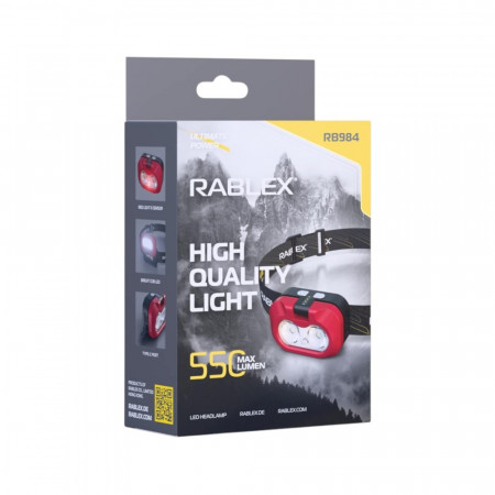 Налобний ліхтар Rablex RB984, білий + червоний + жовтий, 2 XPG 5W LED + COB, Sensor, акум, Type-C